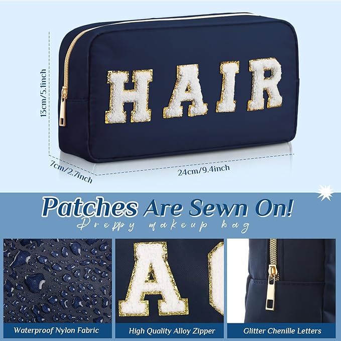 Cunno 4 Pcs Preppy Makeup Bags Chenille Letter Stuff Bag Nylon Cosmetic Pouch Cases with Zipper for Women Travel Toiletry