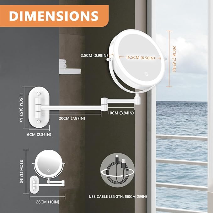 1X/20X Wall Mounted Makeup Mirror with Light, 8" Rechargeable Double-Sided Magnifying Mirror, Vanity Mirror Dimmable 3 Color Light, 360° Extension Rotation Foldable 14.5 Inch Arm for Bathroom