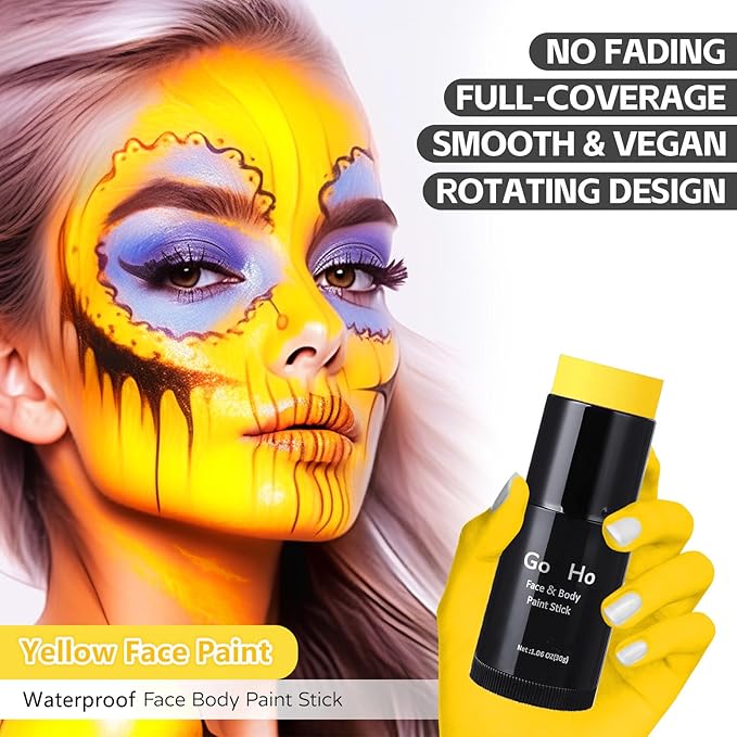 Go Ho Cream-Blendable Yellow Face Paint Stick (1.06 oz),Full-coverage Body Paint for Adults Children Halloween Cosplay SFX Makeup,Waterproof Yellow Eye Black Stick