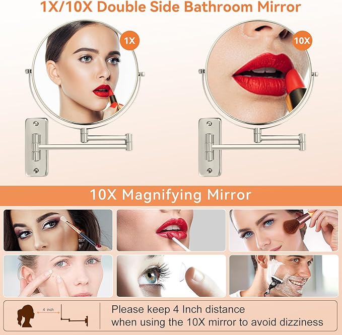 8" Extendable Bathroom Mirror Wall Mount with 1X/10X Magnification, 360° Swivel Double Sided Vanity & Shaving Mirror, Nickel Finish (No Light)