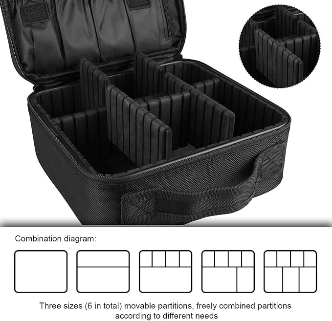 Travel Makeup Case, Cosmetic Train Case Organizer Portable Artist Storage Makeup Bag with Adjustable Dividers for Cosmetics Makeup Brushes Toiletry Jewelry Digital Accessories - Black