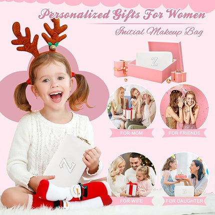 Bride Gifts – Personalized Initial Makeup Bag with Pearl Rhinestone Patch, Preppy White Monogram Cosmetic/Toiletry Pouch, bridesmaid Gifts, Bridal Shower Gifts, Wedding Gifts, Bridal Gifts,Z