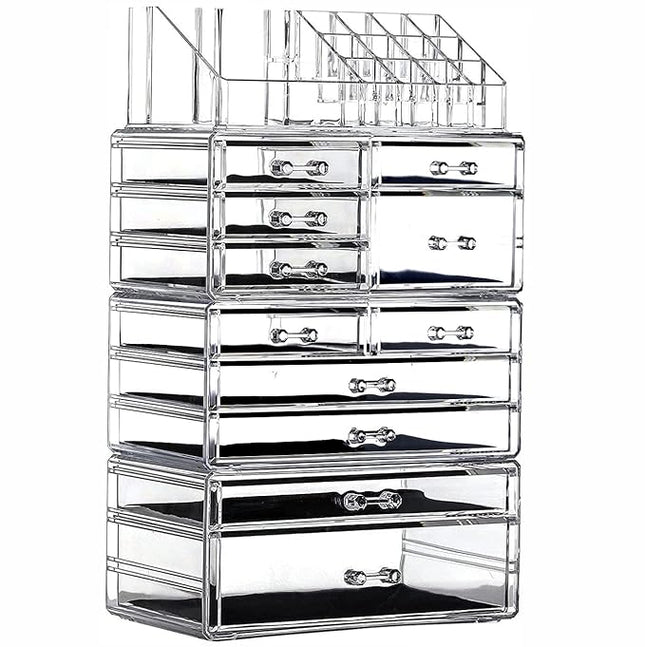 Cq acrylic 4 Pack Clear Makeup Organizer Countertop,Stackable 11 Drawers Skincare Organizer,Cute Skin Care Organizer for Vanity Hair Clip,Jewelry,Beauty Product Desk and Make Up Organizers for Vanity