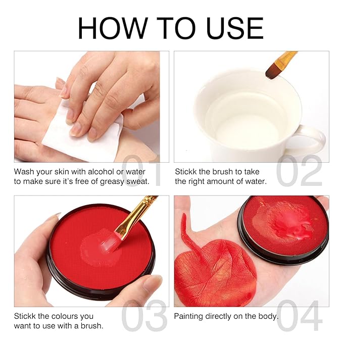 White Black Red Foundation Face Body Paint, Halloween Makeup Face Painting Kit with Painting Brushes and Makeup Sponge for Kids & Adults Goth Clown Vampire Joker SFX Cosplay Party-30g