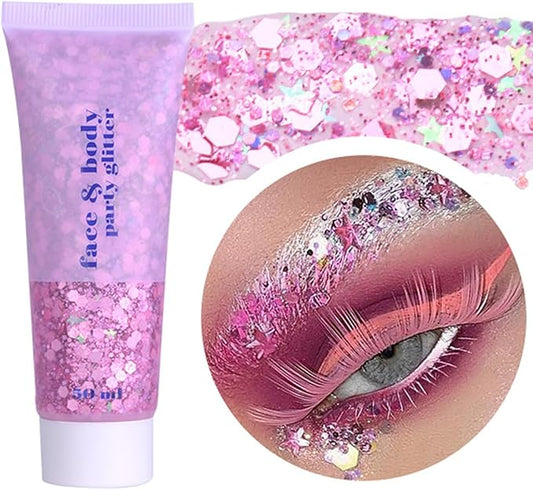 Pink Face Glitter Gel,Singer Concerts Music Festival Rave Accessories,Lover Heart Body Glitter Gel,Halloween Sequins Face Glitter Paint Makeup,Sparkling Hair Chunky Glitter for Women,50ML