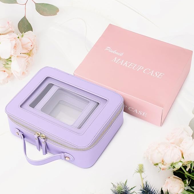 Pinkmik Clear Makeup Bag Waterproof Travel Case for Cosmetics and Toiletries Women's Purse Organizer and Clear Car Bag with Zipper (X/Purple, L+M+MINI)
