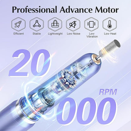 JIASHENG USB Electric Nail Drill, Portable Electric Nail File for Acrylic Gel Nails, Professional Drill Nail Kit Manicure and Pedicure Kit with Drill Bits for Home and Salon Use, Lilac