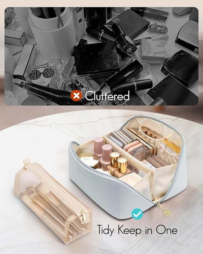 Vlando Makeup Bag,Large Capacity Toiletry Bag for Women Waterproof Portable Make up Pouch PU Leather Open Flat Cosmetic Bag(Baby Blue)