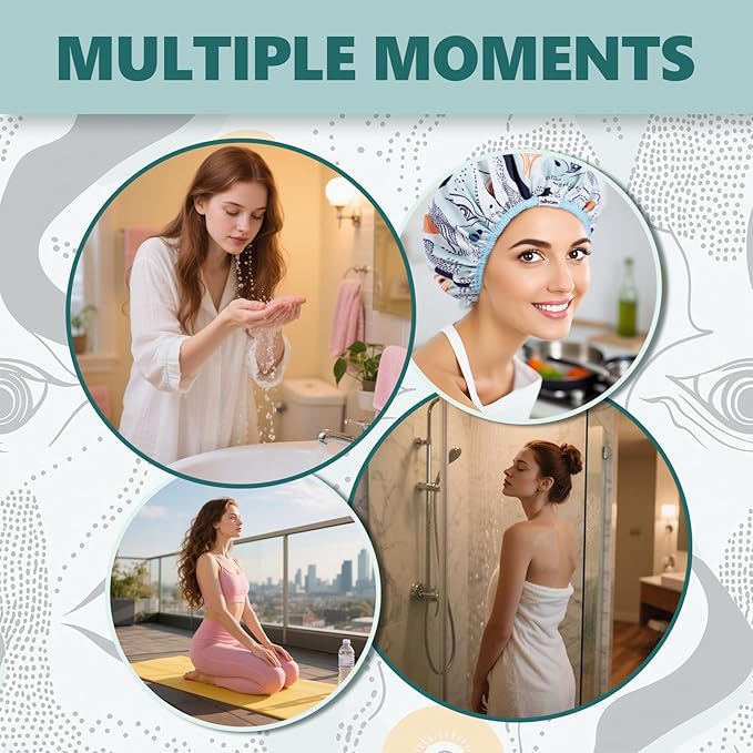 Years Calm Evil Eye Shower Caps for Women Reusable Waterproof, Pattern and Solid Color Dual-Layer Design, Hair Cap for Shower with Elastic Band, Fits Braids, Dreadlocks & Long Hair (Blue)