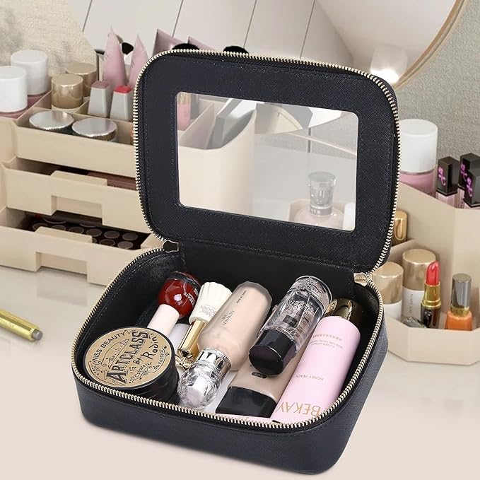 Pinkmik Clear Makeup Bag for Women Waterproof Travel Cosmetics and Toiletries Case Portable Makeup Oaganizer Bag Clear Car Bag with Zipper (Black, M)
