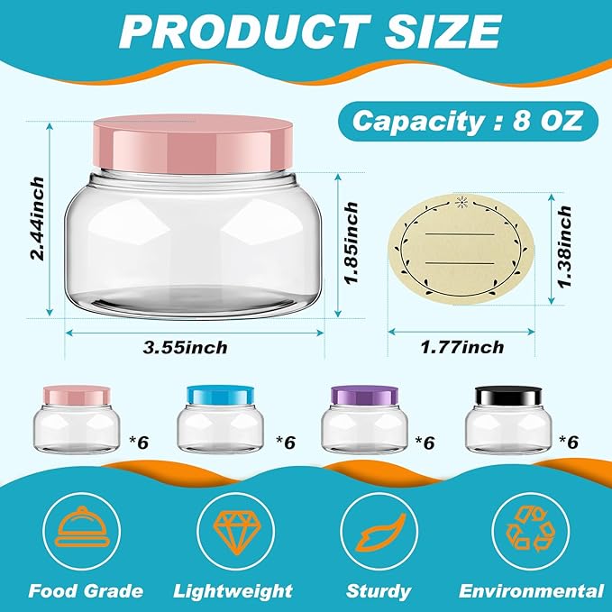 Tessco 24 Pack Plastic Jars with Lids Labels Empty Clear Plastic Jars Round Refillable Cosmetic Containers Body Butter Containers Bulk Sugar Scrub Bottle for Make Up(8 oz,Multicolor)