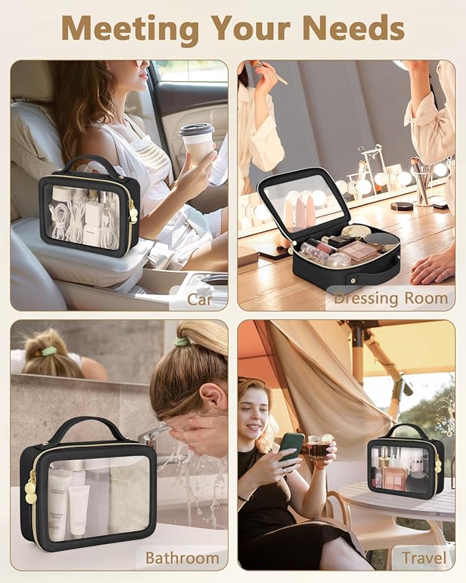 Clear Makeup Bag, Portable Travel Cosmetic Bags, Multipurpose Leather Toiletry Bag with Zipper, Waterproof Transparent Cosmetic Organizer for Women, Medium, Black
