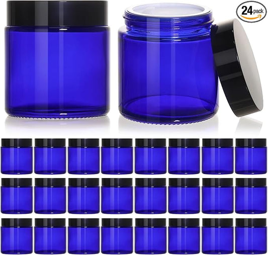 KEYWING 4oz Blue Glass Cosmetic Jars with Black Lids, 24 Pack Empty Small Glass Jars with Inner Liners for Cream, Lotion, Ointments, Powder