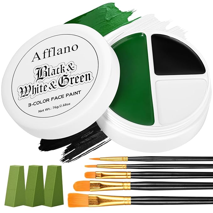 Black White Green Face Body Paint, Halloween Wicked Witch Green Makeup Kit (3 Sponges + 5 Brushes), 9 Pcs Oil Based Non Toxic green Face Painting Kit for Hulk, SFX, Hunting, Zombie, Costume, Cosplay