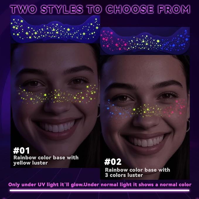 6pcs Rainbow Freckles Face Tattoo Sticker Glow under UV Light Blacklight in the Dark, Neon Fluorescent Glitter Colorful Star Fake Faux Freckle Temporary Patches Makeup for Party Supplies #02