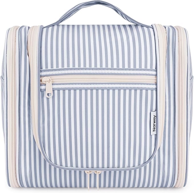 Narwey Striped Hanging Travel Toiletry Bag for Women, Travel Bag for Toiletries, Makeup Bag Organizer Cosmetic Bags Make Up Bags for Women (Greyish Blue Stripe)
