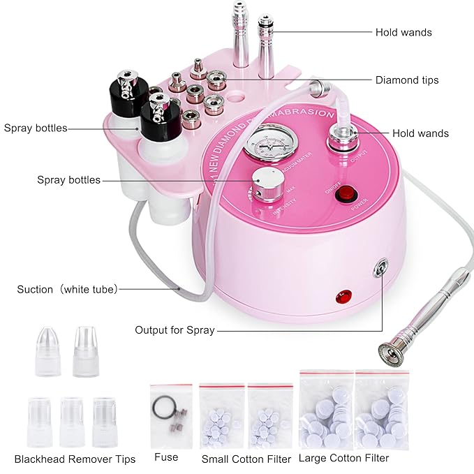 Diamond Microdermabrasion Machine Professional Plus, 3 in 1 Pink Diamond Dermabrasion Facial Beauty Equipment Skin Care for Vacuum Blackhead Removal & Spray, Suction Power 0-70 cmHg