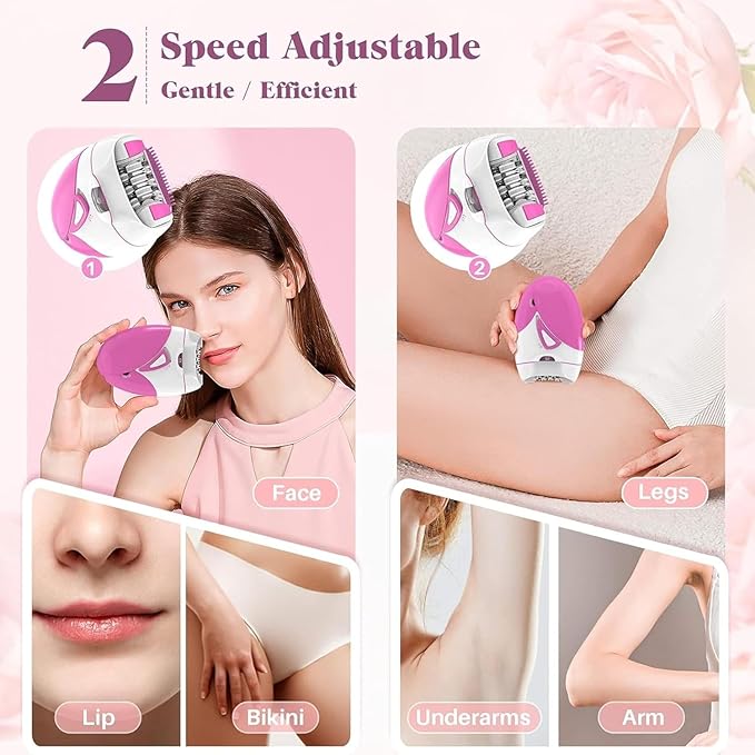 Epilator for Women, Smooth Glide Epilator Facial Hair Remover for Women with 2 Speed & LED Light, Electric Facial Hair Removal Suitable for Face, Bikini Areas, Underarms, Arms, Legs