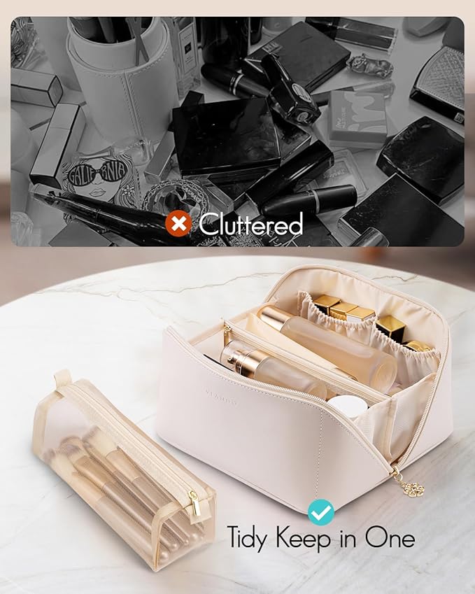 Vlando Travel Makeup Bag,Gifts for Women Large Capacity Toiletry Bag for Women Wide Open Cosmetic Organizer with Divider and Handle(White)