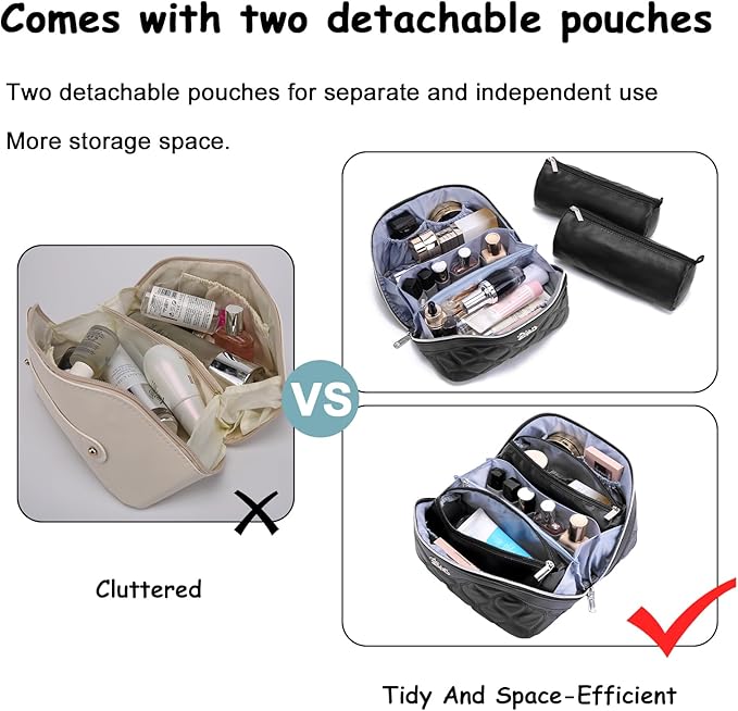 Travel Makeup Bags for Women Cosmetic Bag: Puffy Make up Bags Set of 3 - Vegan Leather Makeup Organizer - Waterproof Large Toiletry Bag with Compartments - Travel Essentials (Black)