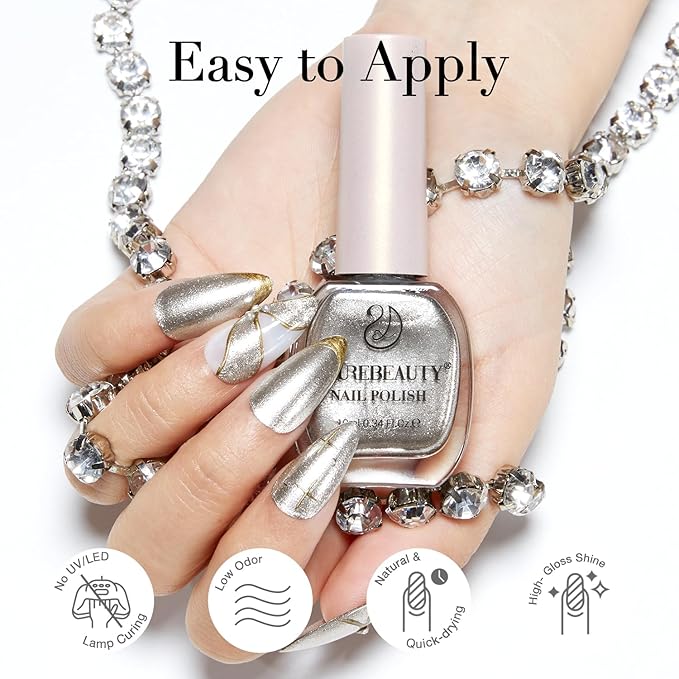 AZUREBEAUTY Silver Glitter Nail Polish Metallic Fast Drying Natural Shine Nail Lacquer Fingernail Polish Salon-Quality for Women 10ml