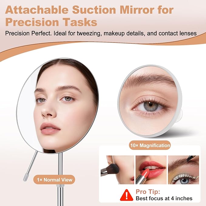 8" HD Vanity Mirror with Swivel & Adjustable Height (13-18"), Bonus 10X Magnifying Suction Cup Makeup Mirror for Precision Grooming & Shaving, Chrome Finish for Tabletop & Bedroom（No Light）