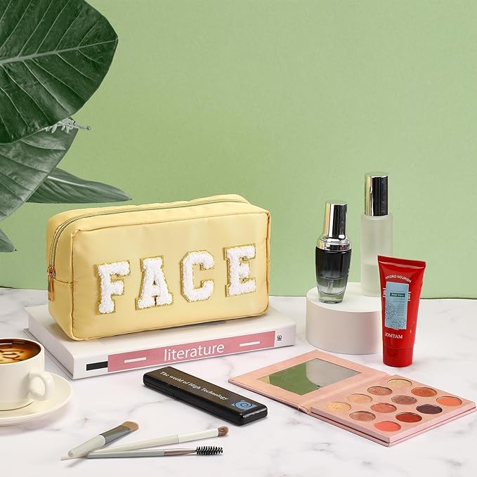 Cunno 4 Pcs Preppy Makeup Bags Chenille Letter Stuff Bag Nylon Cosmetic Pouch Cases with Zipper for Women Travel Toiletry