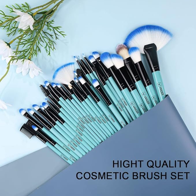 Vander Makeup Brush Set, 32Pcs Professional Premium Synthetic Makeup Brushes Set, Foundation Powder Concealers Eyeshadow Eyeliner Brush Travel Makeup Brush Set for Women, Girl (Blue)
