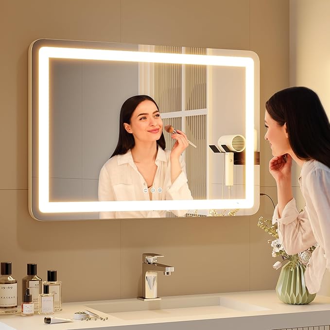 ZL ZELing Vanity Mirror with Lights, 32" x 23", LED Makeup Mirror, Dimmable 3-Color Lighting, 5X Magnification, Touch Screen Control, Wall-Mountable and Tabletop Design