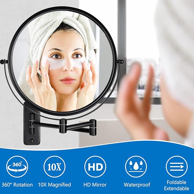 DECLUTTR 9 Inch Large Wall Mounted Makeup Mirror, 1X/10X Magnifying Mirror Double-Sided, 360° Swivel Extendable Makeup Mirror for Bathroom, Black