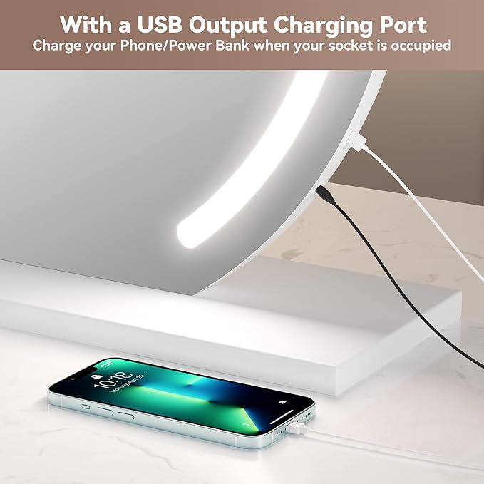 Hasipu Vanity Mirror with Lights, 24" x 22" LED Makeup Mirror, Lighted Makeup Mirror with Lights, Smart Touch Control 3 Colors Dimmable Mirror White