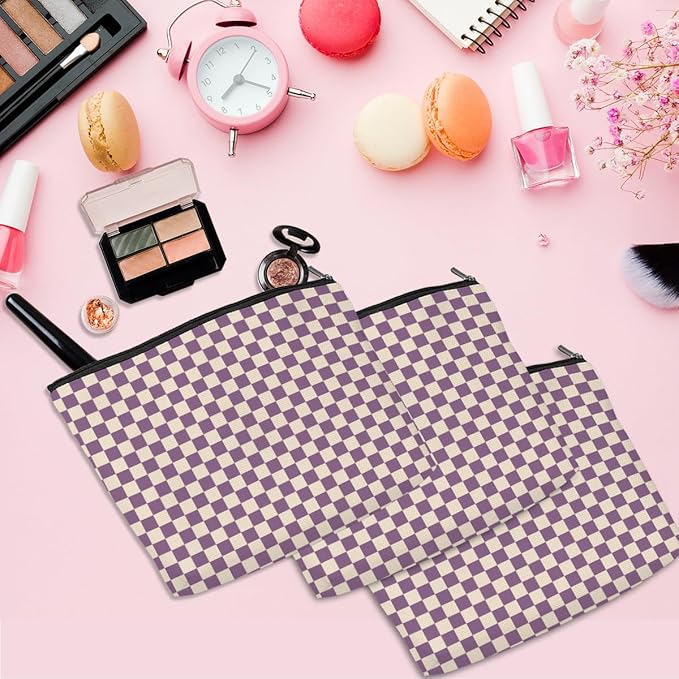 6 Pcs Checkered Makeup Bags Make up Bag Cosmetic Bags for Women Girls Sister Bestie Daughter Friendship Christmas Birthday Travel Toiletry Bag Aesthetic Zipper Organizer Accessories, Cute Purple Plaid
