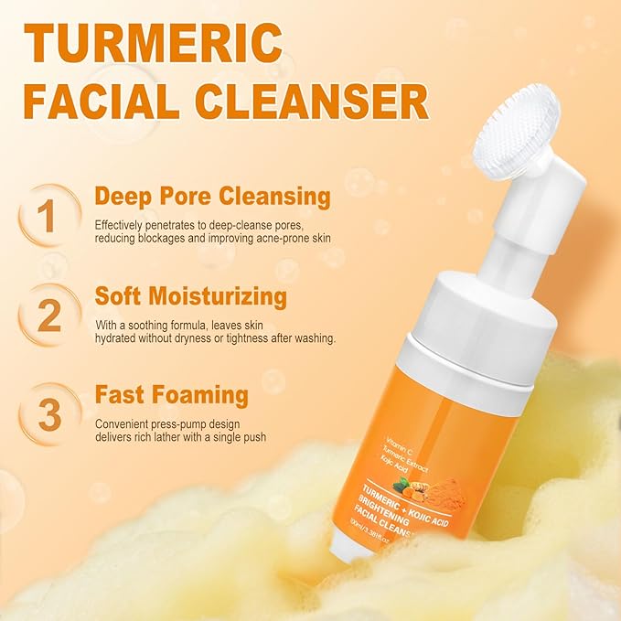 Turmeric Wash and Care 4 Piece Set,Turmeric Skincare Set: Turmeric Facial Cleanser,Cleansing Pad,Soap bar & Essential Oil, Deep Cleansing for Face & Body