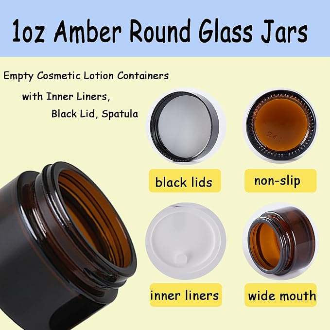 OverNews 4pcs 1oz Amber Glass Jar, Empty Cosmetic Lotion Containers,with Inner Liners,Black Lid, Spatula