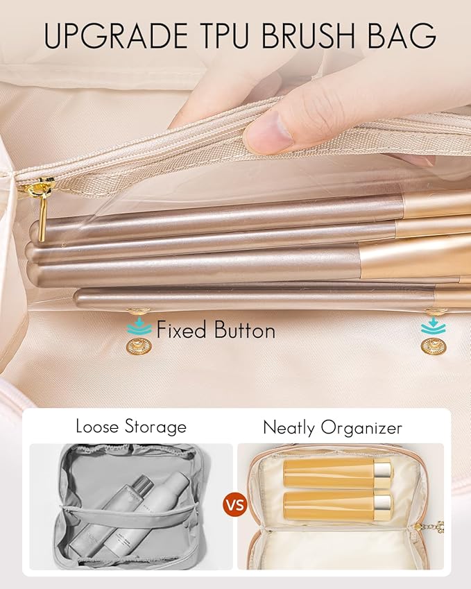 Vlando Makeup Bag,Gifts for Teachers,Large Capacity Toiletry Bag for Women Waterproof Portable Make up Pouch PU Leather Open Flat Cosmetic Bag(Toffee)