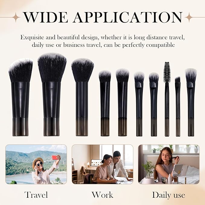 10 Pcs Mini Portable Makeup Brush Set Complete Travel Cosmetic Brushes Kit with Pouch for Blush Powder Eyeshadow Perfect for Women and Girls(black)