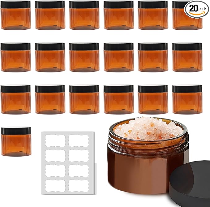 20 Pack 2 oz Small Amber Plastic Jars with Lids and Labels, Refillable Round Brown Mini Cosmetic Containers, Reusable Airtight Jars for Lotion Cream Body Butter Ointment Travel Storage