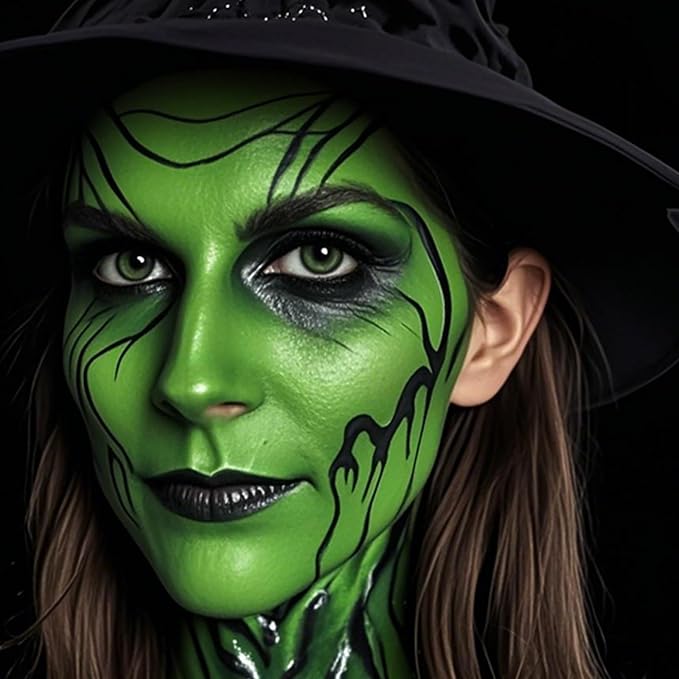 Black White Green Face Body Paint 1.01 oz/pc with 3 Sponges,Green Water Based Face Painting Cosplay Kit, Hunting Hulk Halloween SFX Witch Makeup Cream Face Paint,3 oz