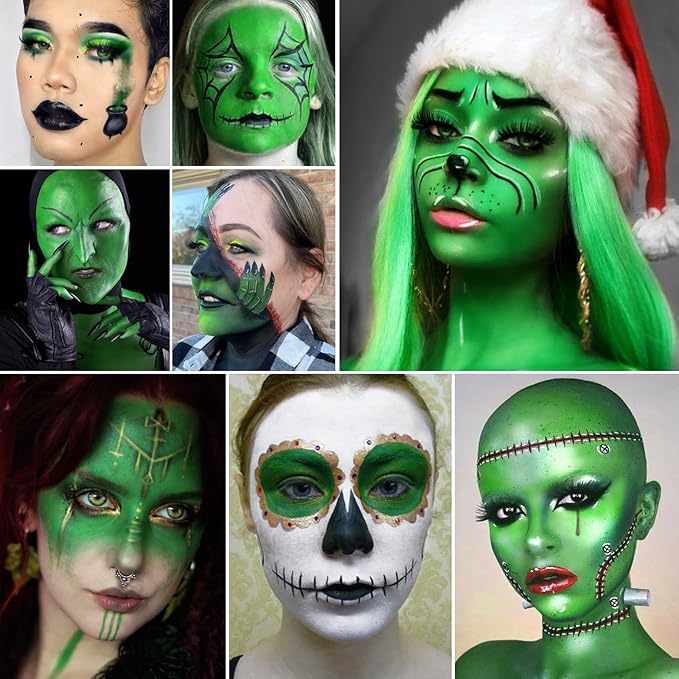 Black White Green Face Body Paint, Halloween Wicked Witch Green Makeup Kit (3 Sponges + 5 Brushes), 9 Pcs Oil Based Non Toxic green Face Painting Kit for Hulk, SFX, Hunting, Zombie, Costume, Cosplay