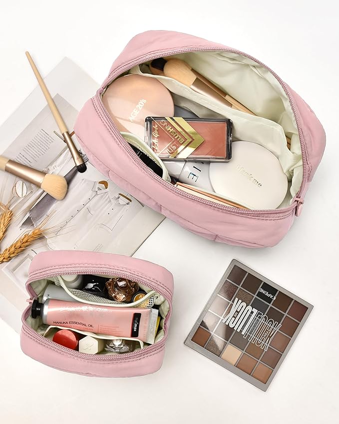oscaurt 2 Pcs Makeup Bag Travel Toiletry Bag for Women Puffy Padded Cosmetic Pouch Purse Wide-open Makeup Organizer Case Travel Essentials