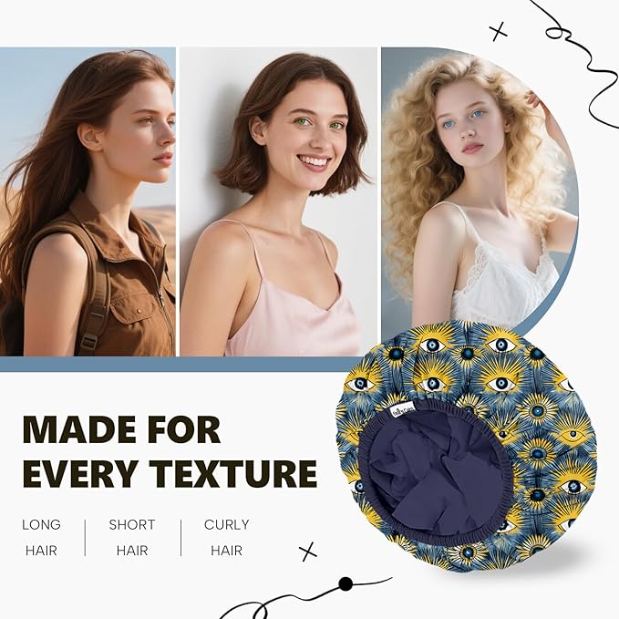 Years Calm Evil Eye Shower Caps for Women Reusable Waterproof, Pattern and Solid Color Dual-Layer Design, Hair Cap for Shower with Elastic Band, Fits Braids, Dreadlocks & Long Hair (Royal Blue)