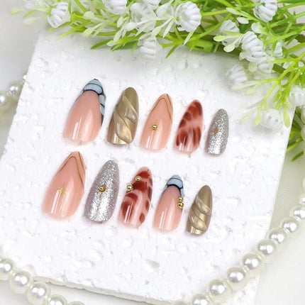 French Tips Press on Nails Almond Medium Fake Nails with Stripe 3D Gold Pearl Glitter Designs Brown Blue Acrylic Nail Glossy Nude Fall Winter Nails Press ons Cute Stick on Nail for Women 24 Pcs