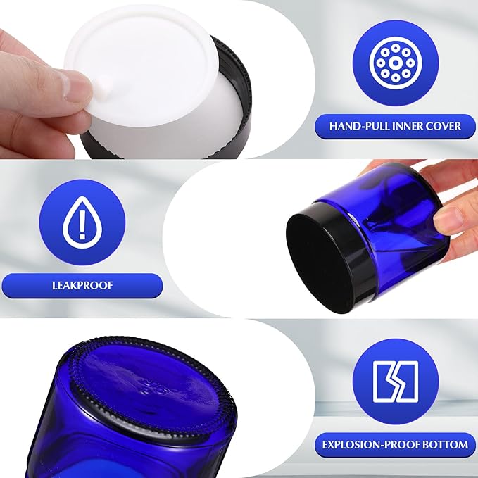 Norme 96 Pcs 4 oz Glass Jars with Lids Leakproof Round Airtight Empty Cosmetic Jars with Inner Liners Lid for Storing Lotions Powder Ointments Candle Making Tins (Black,Blue)