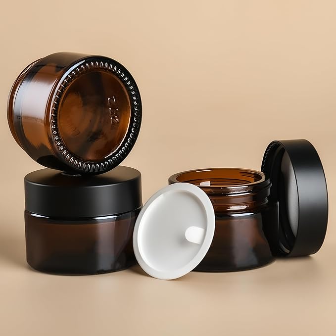 2 oz Reusable Amber Glass Container Jars 24 Pack with Wide-mouth Leak Proof Cap and Inner Pull-On Lid for Travel Storage Makeup, Face Creams, Body Lotions, DIY Crafts or Others