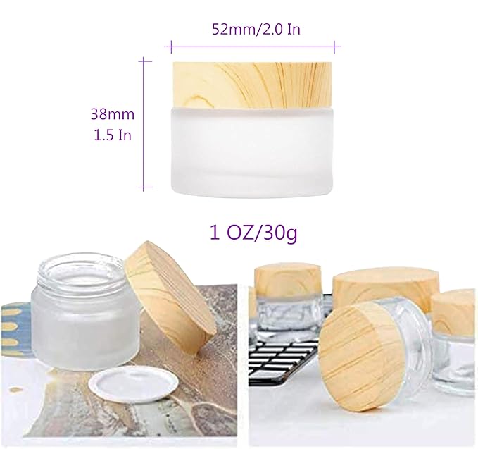 12 Packs 1 Oz Empty Jars 30ml Round Frosted Glass Cream Jar Bottles Holder with Wood Grain Lids Refillable Case Vial Pot Cosmetic Container Glass Bottles for Lotion Face Lip Balm Eye Cream