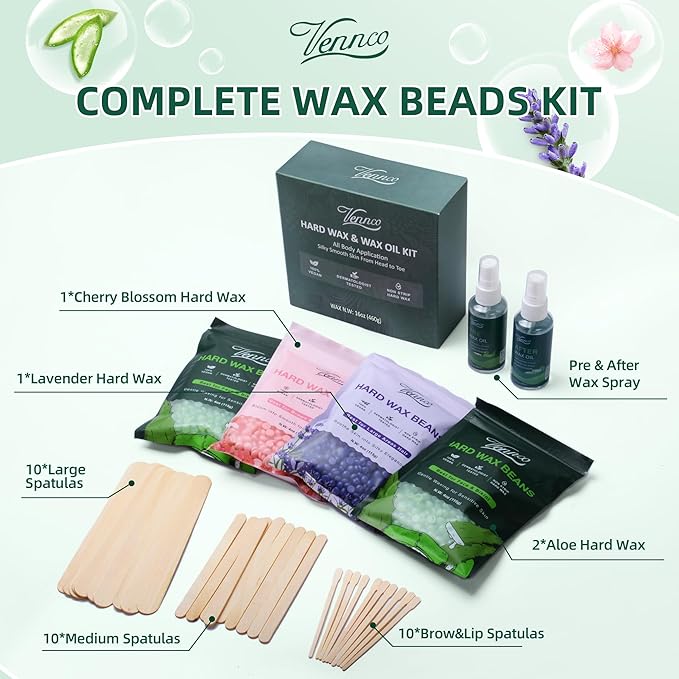 Hard Wax Beads Kit for Hair Removal, 36 Pieces Wax Beads for Full Body, Face, and Brazilian Bikini, Aloe, Lavender, Cherry Blossom - Includes Pre and Post Wax Oils