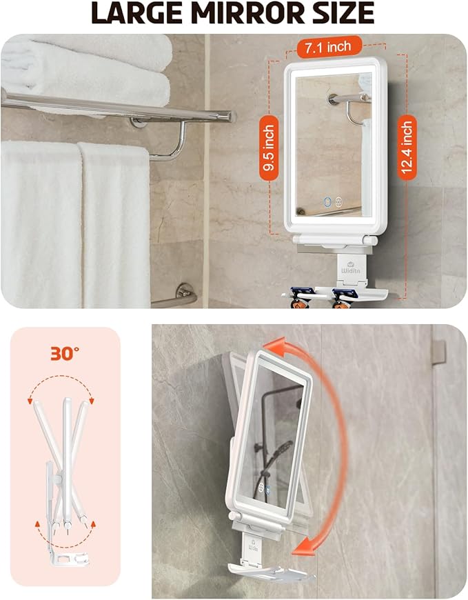 Heated Shower Mirror Fogless for Shaving, 3 Color Dimmable Lights Shower Mirror Fogless, Rechargeable Anti-Fog Shaving Mirror with Razor Holder, Storage Tray, Squeegee