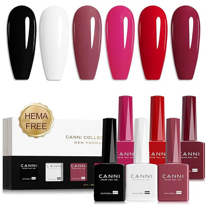 CANNI Gel Nail Polish Set – 6 Classic Colors (Black, White, Red, Pink, Mauve, Berry), 9ML Soak Off UV LED HEMA-Free Gel for Long-Lasting DIY or Salon Nail Art