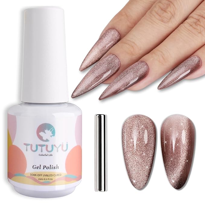 Cat Eye Gel Nail Polish, Crystal Galaxy Holographic Brown Cateye Gel Polish with Magnet, Silver Shimmer Glitter Velvet Soak Off UV LED Home Diy Manicure Fall Winter Colors GP0101