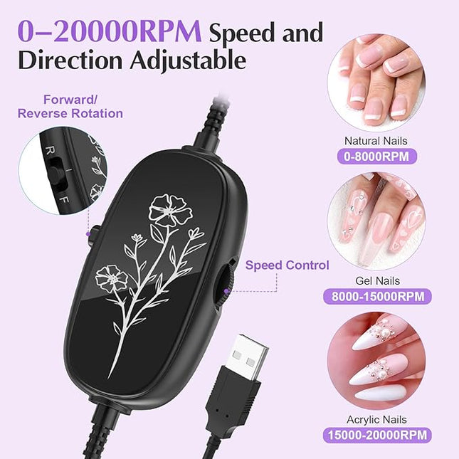 JIASHENG USB Electric Nail Drill, Portable Electric Nail File for Acrylic Gel Nails,Nail Drill Kit Manicure and Pedicure Kit with Nail Bits for Home and Salon Use,Dark Purple